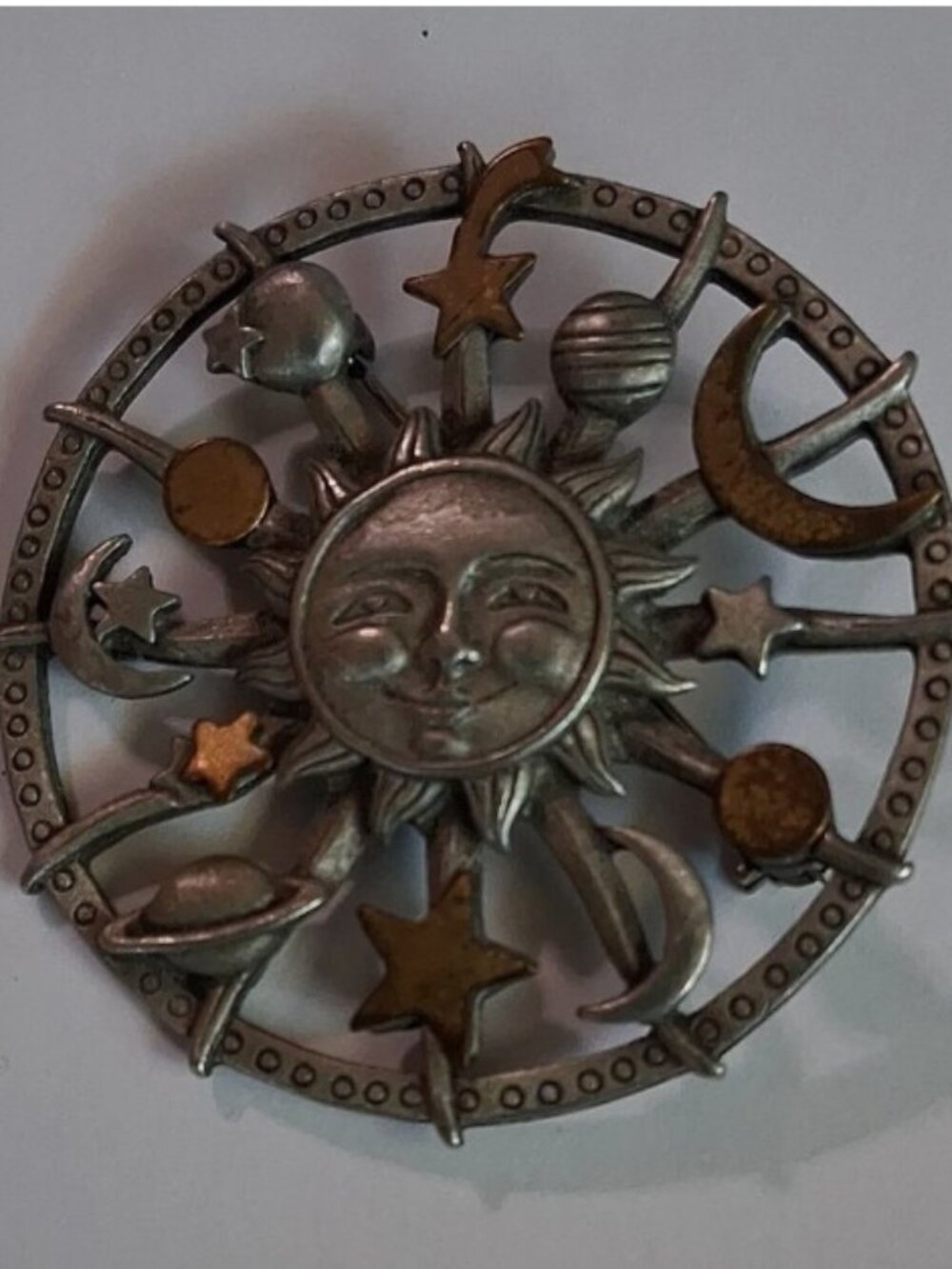 J&J Signed Celestial Sun Moon Stars Round Brooch Pin Silver/Gold Tone Metal